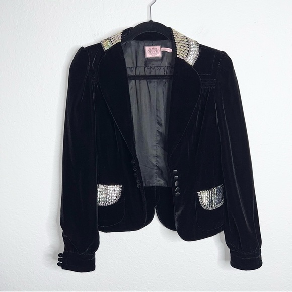 Juicy Couture Blazer Jacket Women Small Velvet Iridescent Sequin Black vintage - Picture 2 of 9
